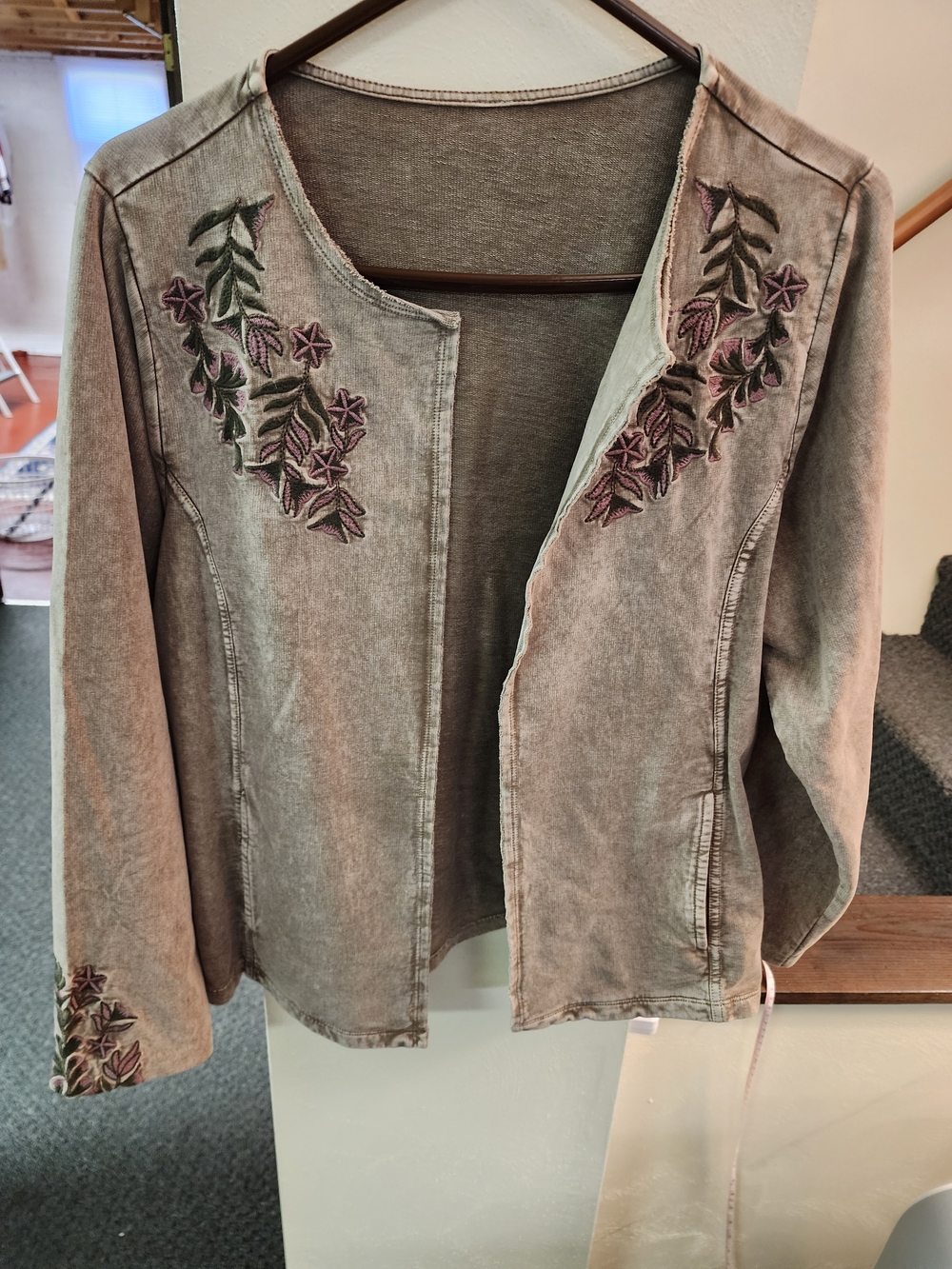 Embroidered Open-Front Women's Jacket - Brown Mineral WashFloral Accents Sz M